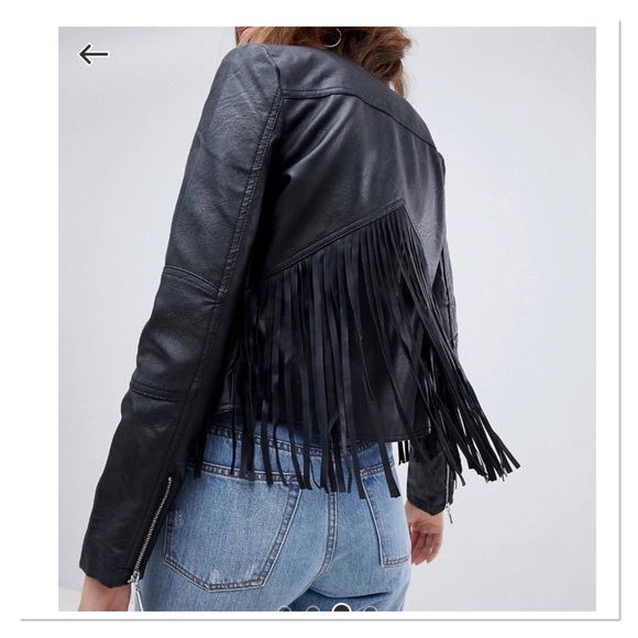 New Brave Soul Black Faux Leather Festival Jacket with Fringe Detail - Picture 3 of 6